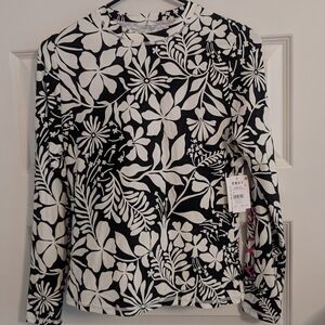 Roxy Black and White Graphic Long Sleeve Blouse with Peter Pan Collar